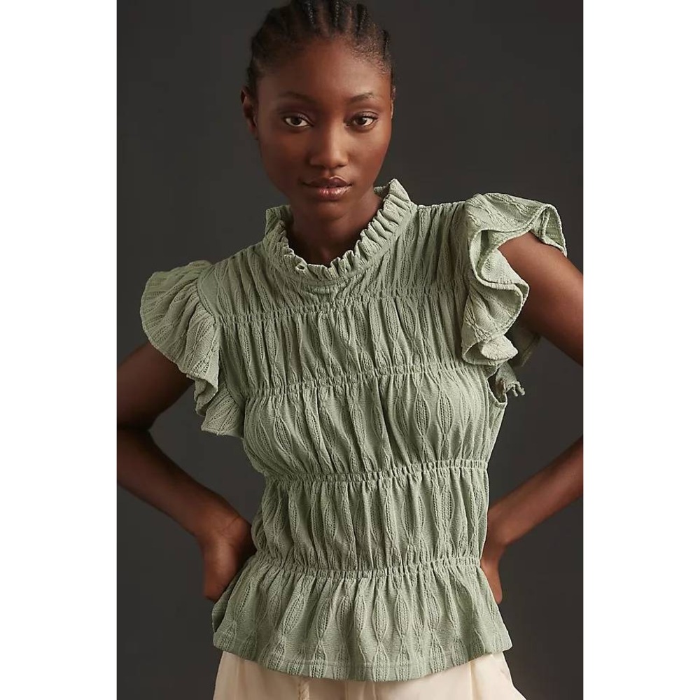 Blue Tassel Anthropologie Mint Green Smocked Ruffle Cap Sleeve Blouse Top Medium